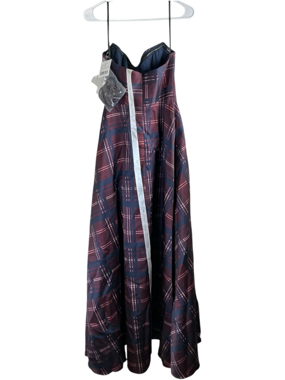 Dessy Collection Strapless Tartan Satin Maxi Dress in Cabernet and Midnight - Picture 3 of 8